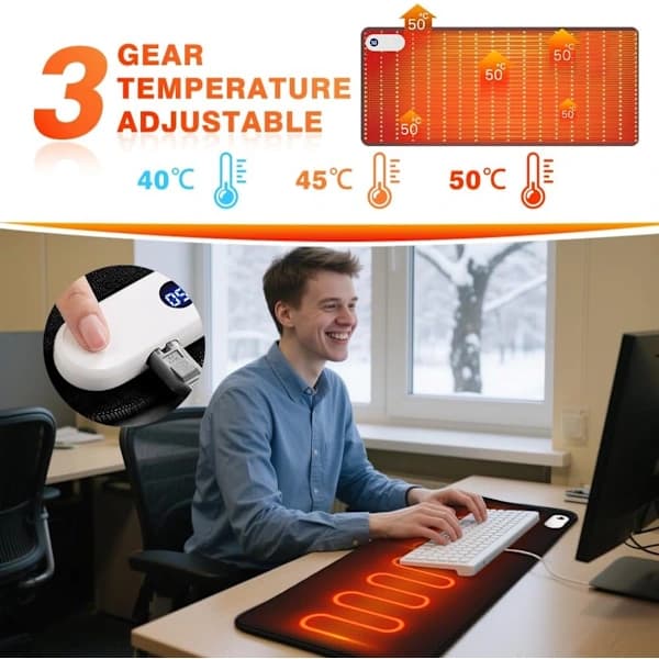 Heated Mouse Pad - 80x33cm Waterproof Desk Warmer with 3 Temperature Settings & Auto Shut-Off for Office & Home Use