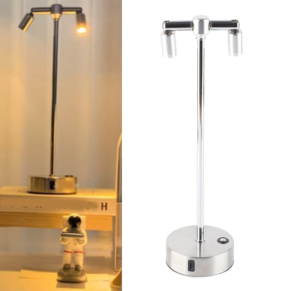 Retro LED Bar Bordlampe med Dobbel Hode Høy Stang Spotlight og Lader - Sølv US Plugg 110?220V