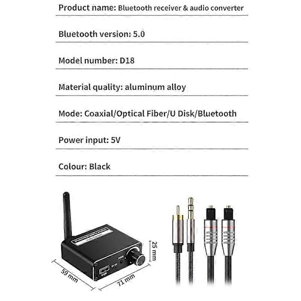 Trådløs Bluetooth 5.0 Digital til Analog Konverter med Fjernbetjening Koaksial 3.5mm Understøttelse USB Au