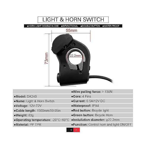 Ebike Switch Dk240 med Qd168 Frontlys Dr001 Baklys Advarselslys Blinklys Horn Ebike Tilbehør