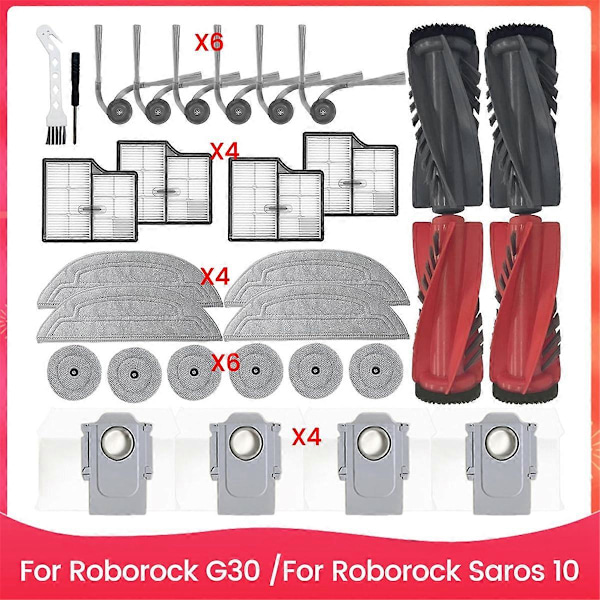 30 stk. erstatningssett for Roborock Saros 10/G30 robotstøvsuger, hovedbørste, sidebørste, HEPA-filter Mo
