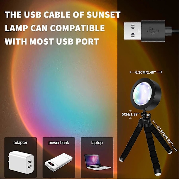 Sunset Lampe Projektor, Flere Farver USB Sunrise Lys, 16 Farver 4 Tilstande Justerbar RGB Sunset Lys til Soveværelse Indretning Feststemning Fotografering