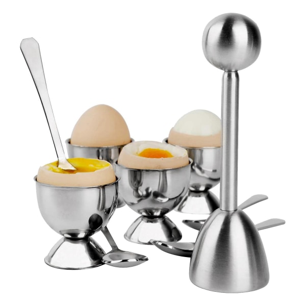 Rostfritt stål Egg Cracker Topper Set, hårdkokta ägg Separatorhållare, 4 skedar, 4 koppar, 1 skal R