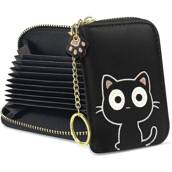 Cute Credit Card Holder For Women,small Leather Zipper Rfid Blocking Card Holder Wallet With Removable Keychain (black)  (1pc