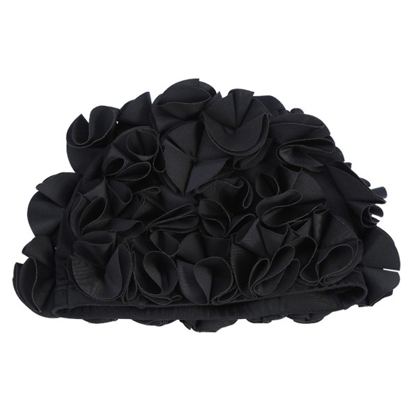 Women Children Flower Shape Fashion Elastic Swiming Hat Long Hair Swim Cap (black)