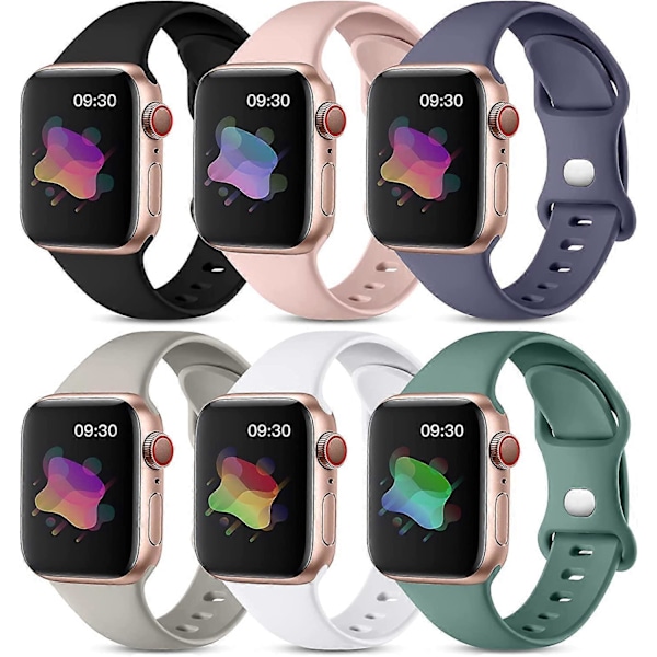 6-pack armband kompatibla med Apple Watch armband 40mm 38mm 44mm 42mm 41mm 45mm dam herr, mjukt silikon vattentätt sportarmband ersättningsarmband för