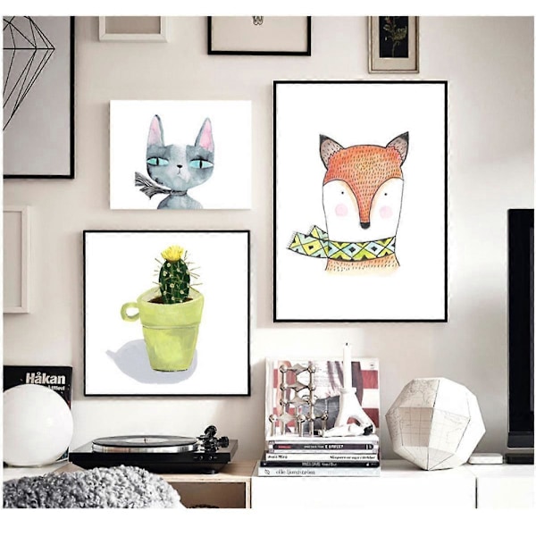 Wekity Kettu ja Kissa Seinätaide Canvas-Tulostus Poster, Yksinkertainen Söpö Vesiväri Taidepiirustus Sisustus Kotiin Olohuoneeseen Makuuhuoneeseen Toimistoon ja Lastenhuoneeseen (Sarja