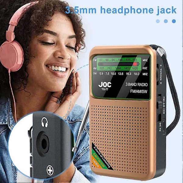 Fickradio Portabel Mini Fullbandsradio AM/FM/SW-radio med Uppladdningsbart Batteri och Stöd för Hörlurar