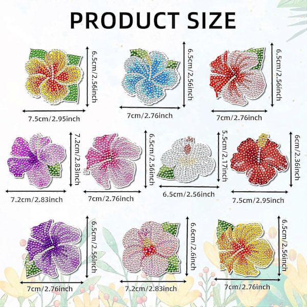 10 st Tropiska Blommor Diamantmålning Nyckelringar Hawaii Hibiscus Diamantkonst Nyckelring Dubbelsidig Full Borr Färgglada Blommor Hängande Smycken F