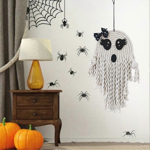Sööt kummitusriipus Halloween-koristeeksi Käsin kudottu valkoinen kummitusriipus, luova kodin seinä-, ovi- ja ikkunariipus Halloween-koristeluun