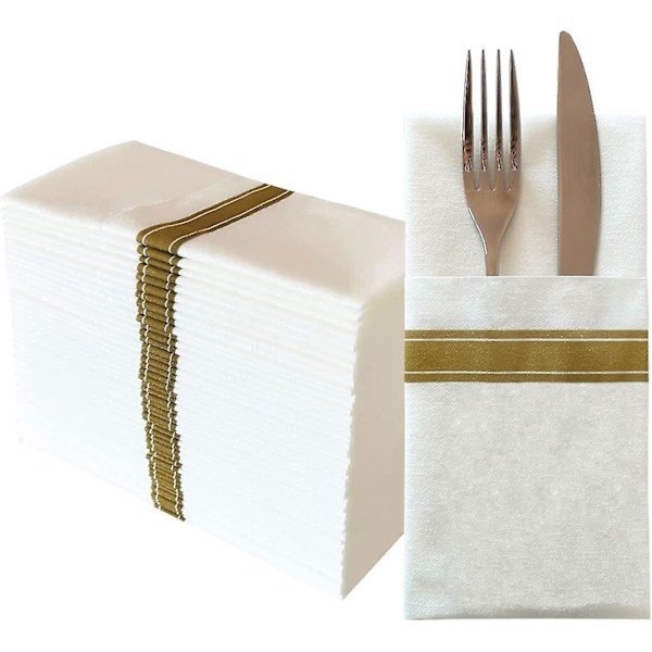 Elegante guld- og hvide engangsservietter - 50 stk., linnedfornemmelse, præ-foldet med indbygget bestiklomme - Perfekt til bryllupsfester