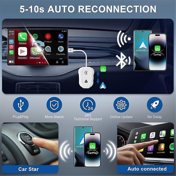 Trådløs Carplay Android Auto-adapter, plug & Play-dongle, for alle kablede Carplay-biler Ios 10+ Android 11+ telefoner
