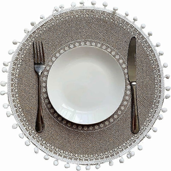 Valkoinen Ball C Boho Ruokapöydän Setissä 4 Pyöreää Tablettia Talviruokasaliin Illalliselle Moderni Beige Punottu Pöytäliina ja Juoksija Syksyinen Pyöreä Keittiön Tabletti