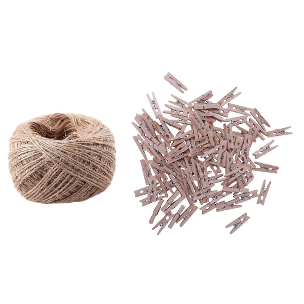 100 Pcs/set 25mm Mini Wooden Clip Natural Craft Pin Line Photo Baby & 1 Roll 100 Meter Natural Text