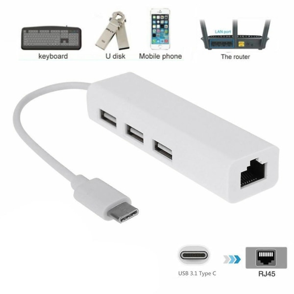 USB-C USB 3.1 Type C til USB RJ45 Ethernet Lan Adapter Hub-kabel for PC