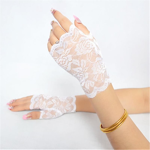Dame brude blomster håndledd Solbeskyttelse Kort blonder fingerløse hansker til bryllupsball Tea Party Cosplay kostyme tilbehør (1 par, hvit)