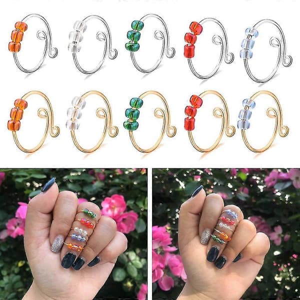 5 stk. Justerbar Angstring med Perler Fidget Ring Dame Swivel Ring