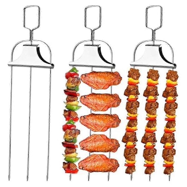 3 stk. 3-i-1 Grillspydder i Rustfritt Stål med Skyver, for Kjøtt, Kylling, Pølser, Grønnsaker, Reker