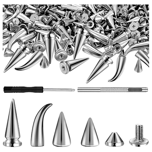 150 Set Silver Spikar och Dubbar i Blandade Former, Konformade Spikar för Crocs, Läderkit för Kläder, Skor och Bälten