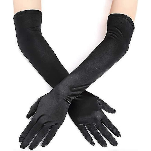 1 par Långa Operahandskar i Satin för Kvinnor, Svarta Armbågslånga Handskar Brud Fancy Dress Handskar Bröllop Kvällsfest Operahandskar (svart)