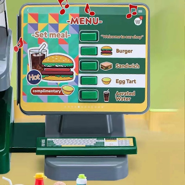 Leksakskassa för barn, 35 delar, med skanner, kaffemaskin & låtsasmat, hamburgare, för barn 3+ år, grön hamburgerrestaurang