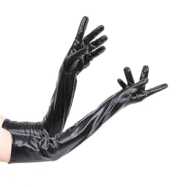 Dame Lange Handsker Aftenfest Patent Læder Elegante Handsker Sort