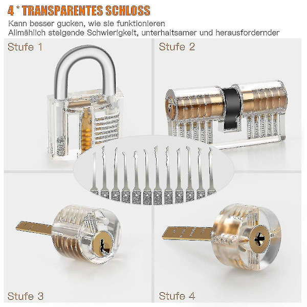 30-delt låseåbningssæt, låseåbningssæt med 3 gennemsigtige træningslåse og instruktioner-m.1006