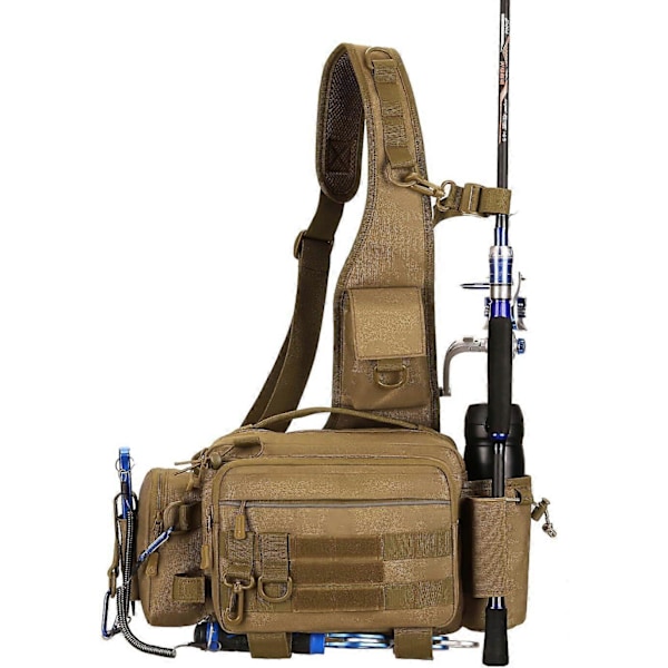Fisketaske, Multifunktionel Slidstærk Vandafvisende Talje- & Crossbodytaske med Stangholder, til Udendørs Fiskeri Vandring, Khaki