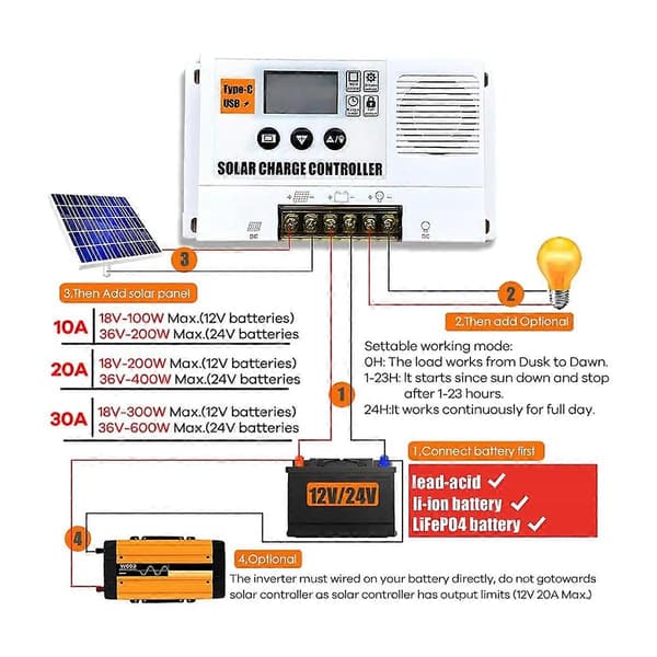 12/24V 30A PWM Solcelleladeregulator, Solpanelregulator med LCD-skjerm for Litium og Floo