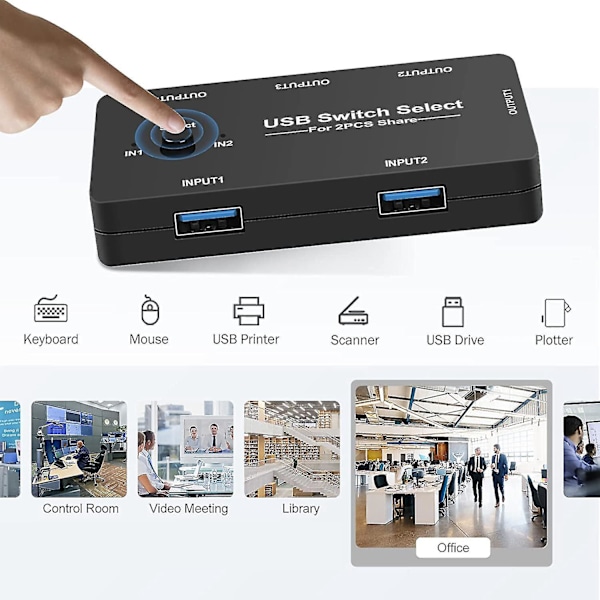 USB-switch til 2 computere, deling af 4 USB-enheder, USB KVM-switch med en-knap-skift, 4