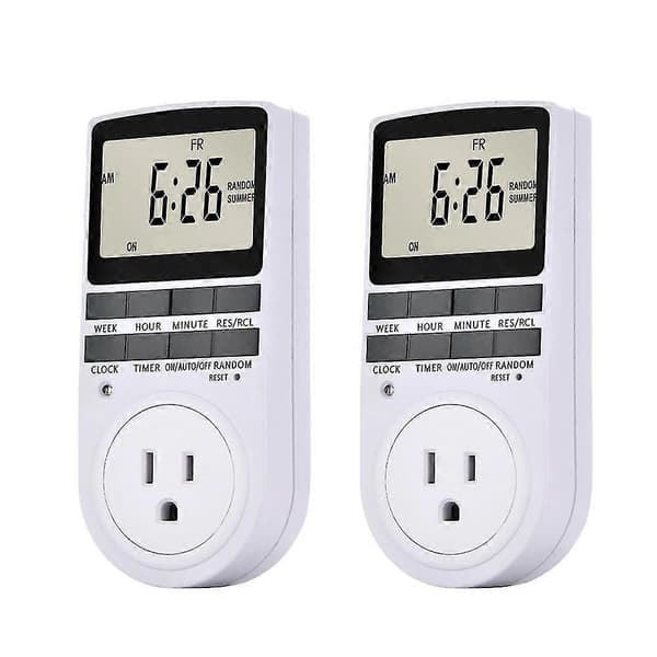 Pakke med 2 digitale plug-in timerstikkontakter, LCD-skjerm, 10 programmerbare koblingsprogrammer, 24 timer og 7 dager, energibesparende timerstikkontakt for elektriske apparater