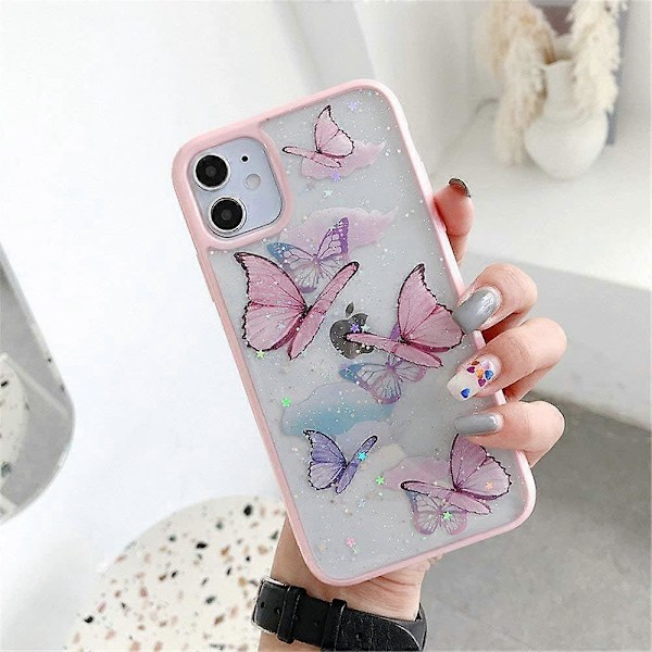 iPhone 12 Fjäril Fodral, Shinymore Sött Vackert Fjäril Glitter Stötsäkert Mjukt Silikon Genomskinligt Fodral för Flickor Kvinnor till iPhone 12 Rosa