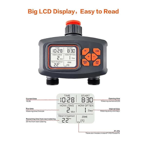 2-vägs Vatten LCD-Display Vattentät IP65 Hem Trädgård Bevattning Regn Automatisk Kontroller System