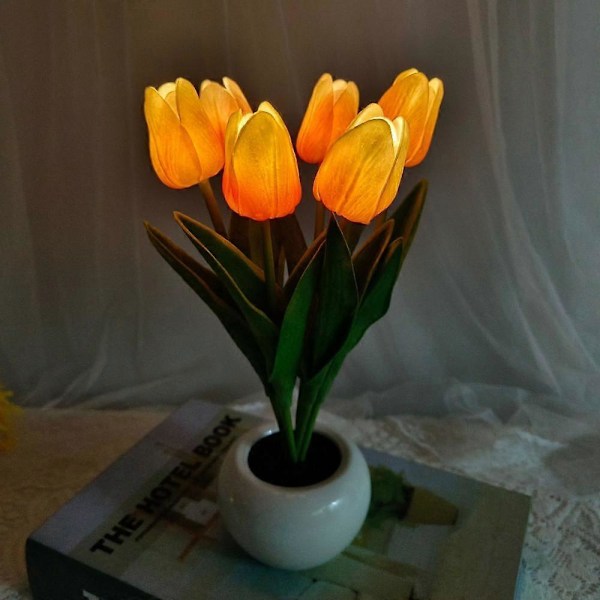 Tulipanlampe, Simulert Tulipannattlys for Stue Soverom med Vase, Bordlampe Ornamenter for Hjem Stue Dekor (Rosa)