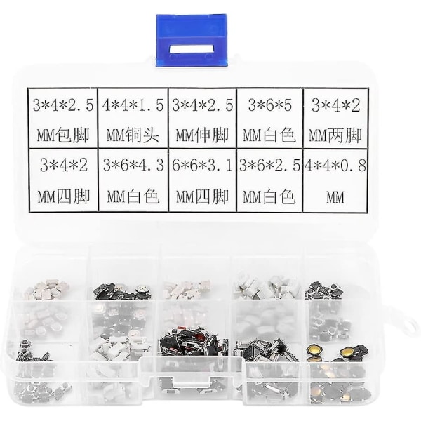 250 stk 10 typer berøringsknapp mikrobryter Momentary Tact sortimentsett med plastboks for bilfjernkontroll