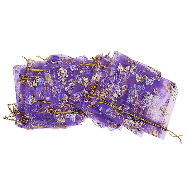 100 stk. Butterfly Snørepose Organza Bryllupsgave Smykker Slikpose Tasker Lilla