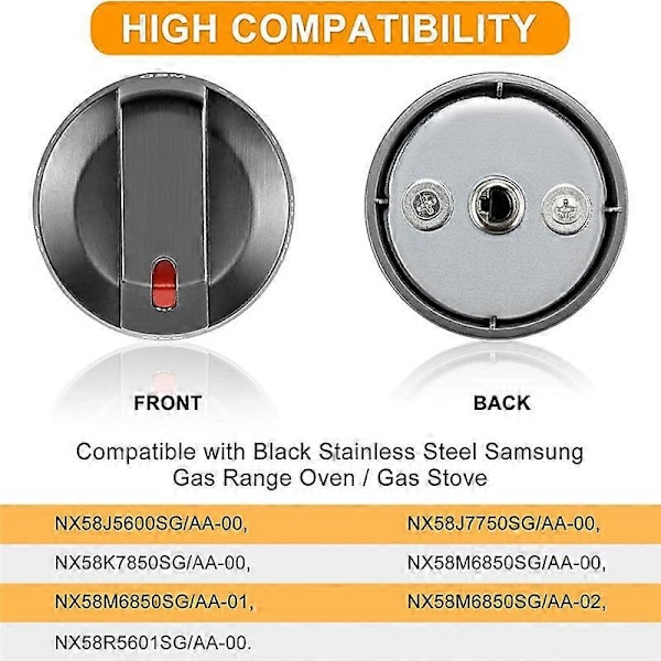 1 stk. DG64-00473B Sort Rustfrit Stål Knapper Udskiftning Komfur Gasblus Knapper til NX58M6850SG, NX58J5600SG, NX58J7750SG