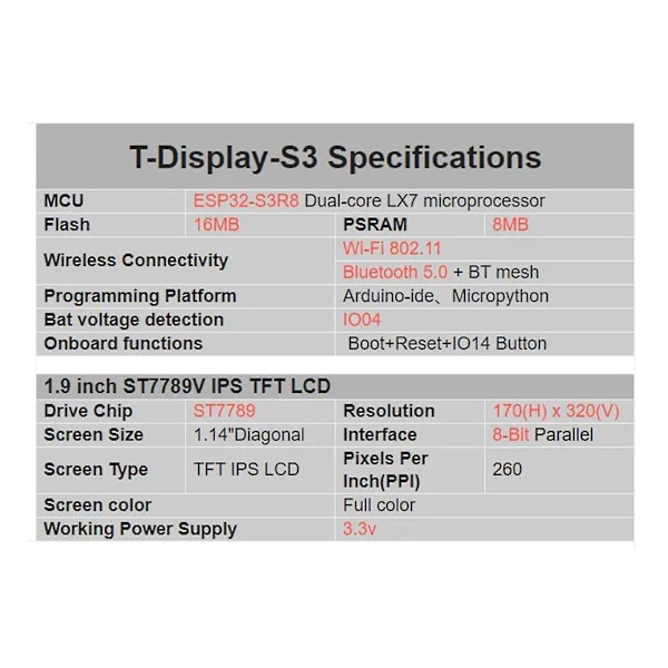 ESP32-S3R8 T-Display-S3 Utviklerkort 1,9 Tommer LCD-Skjerm WIFI Bluetooth 5.0 170X320 Trådløs