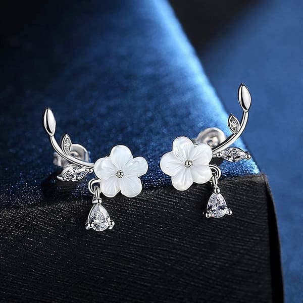 Søde Hvide Blomster Øre Crawler Cuff Øreringe Sterling Sølv Diamant CZ Stud Øre Klatrer Bryllup Ørering Smykker Gaver til Kvinder Piger