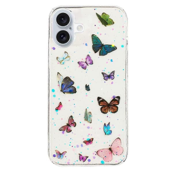 Til iPhone 16 Deksel Anti-fall TPU Telefon Bakdeksel Epoxy Glitter Sommerfugl -