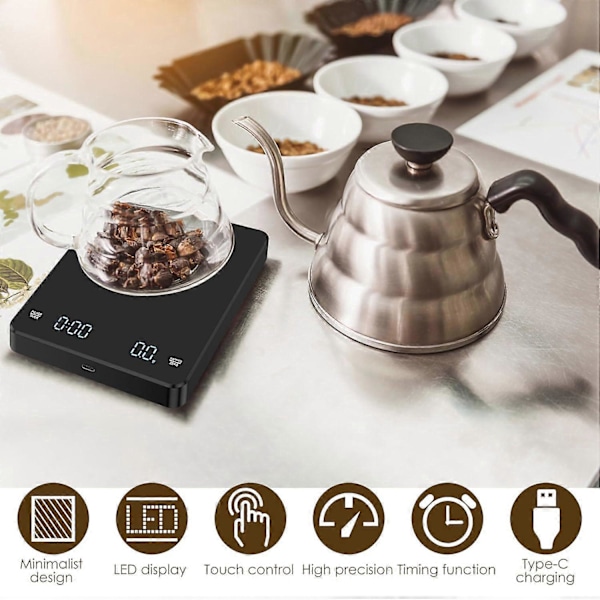 Digital Kaffevægt med Timer, 3 kg/0,1 g Høj Præcision Elektronisk Køkkenvægt Mini Foo