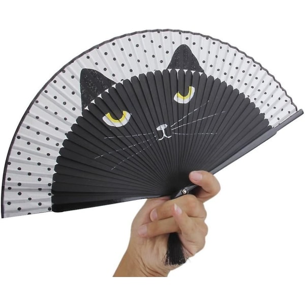 Naisten sarjakuva kissa taitettava silkkiviuhka kädessä pidettävä tuuletin (musta) (1kpl