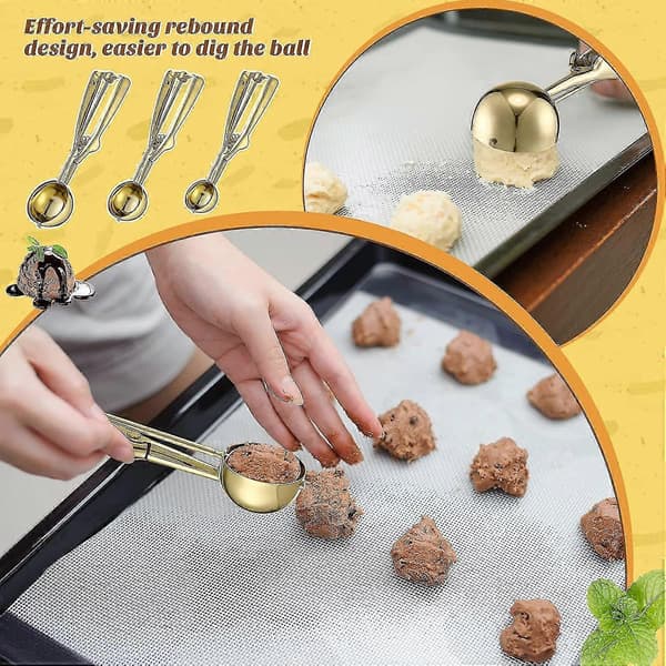 3 stk. Guld Cookie Scoop Sæt Is Scoop Cookie Med Trigger Lollipop Cake Pop Udgivelse Rustfrit Stål Cookie Scoops Stor Medium Lille Størrelse Cupcak