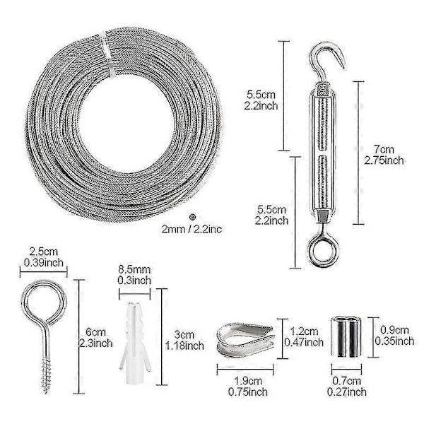 Wire Rope Kit, Garden Stålwire Spændingsanordning, Rustfrit Stål Wire Ophængningssæt, 30m Nylonbelagt Rustfrit Stål Wire
