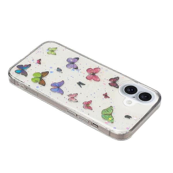 For iPhone 16 Deksel Anti-fall TPU Telefon Bakdeksel Epoxy Glitter Sommerfugl - Blå