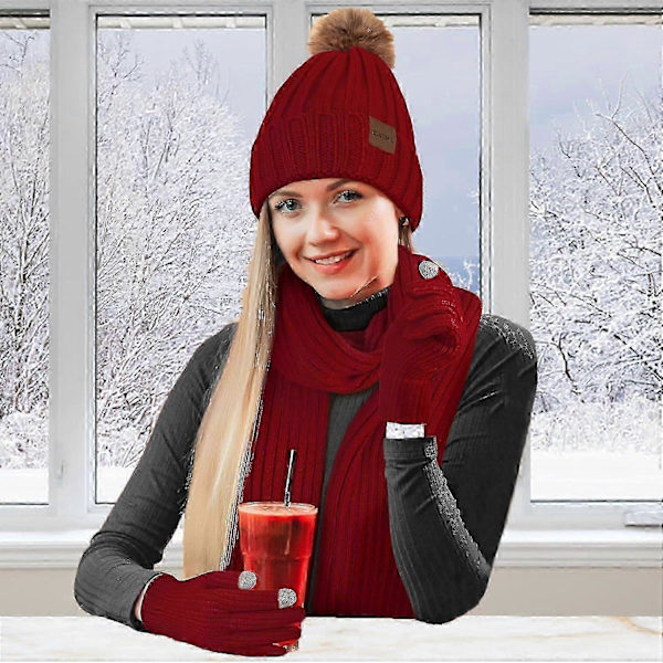 Vinterhatte til kvinder Beanie Hat Tørklæde Sæt Varme Touchscreen Handsker Strikket Lang