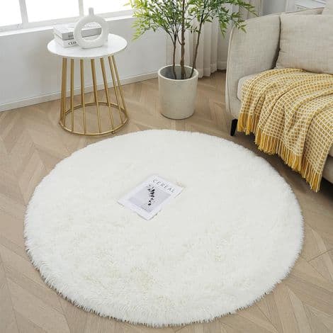 Rund vit barnrumsmatta, 120 cm långhårig vardagsrumsmatta, mjuk och fluffig sängmatta för vardagsrum, sovrum, soffa, tält, lekhage