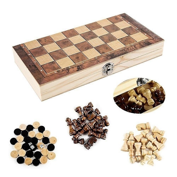 Puinen Taitettava 3-in-1 Shakki Backgammon Puinen Lauta Taitettava Lautapeli 34x34cm