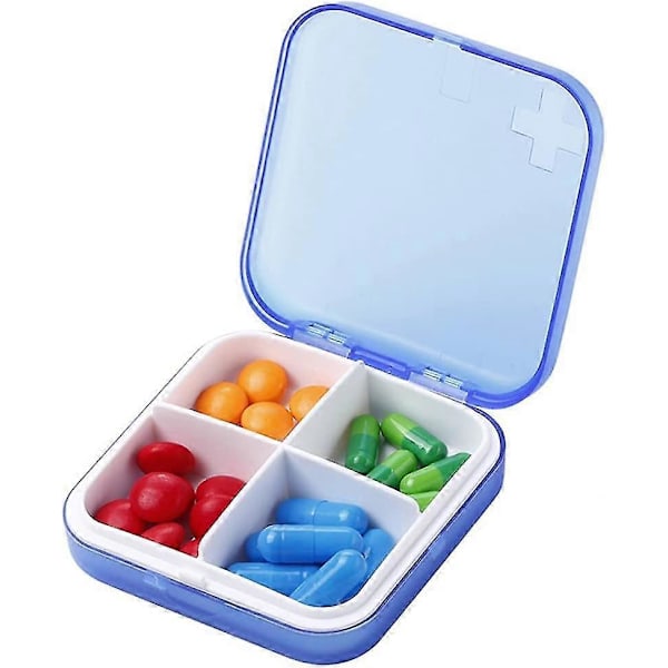 Bærbar Pilleboks Liten Pilleboks for Veske eller Lomme, Premium Pilleboks (blå, 4 Rom)