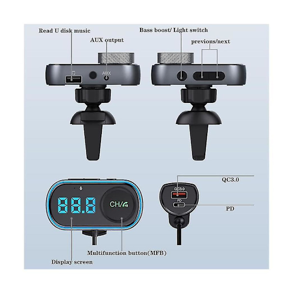 Bil Bluetooth FM-sändaradapter, Bilradio Bluetooth Handsfree-samtal, PD30W QC3.0 Snabbladdning, brusreducering